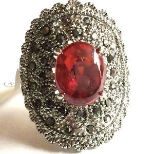Art Deco Ruby Marcasite Cocktail Ring Size 6 7 Silver Rhodium Plated Simulated